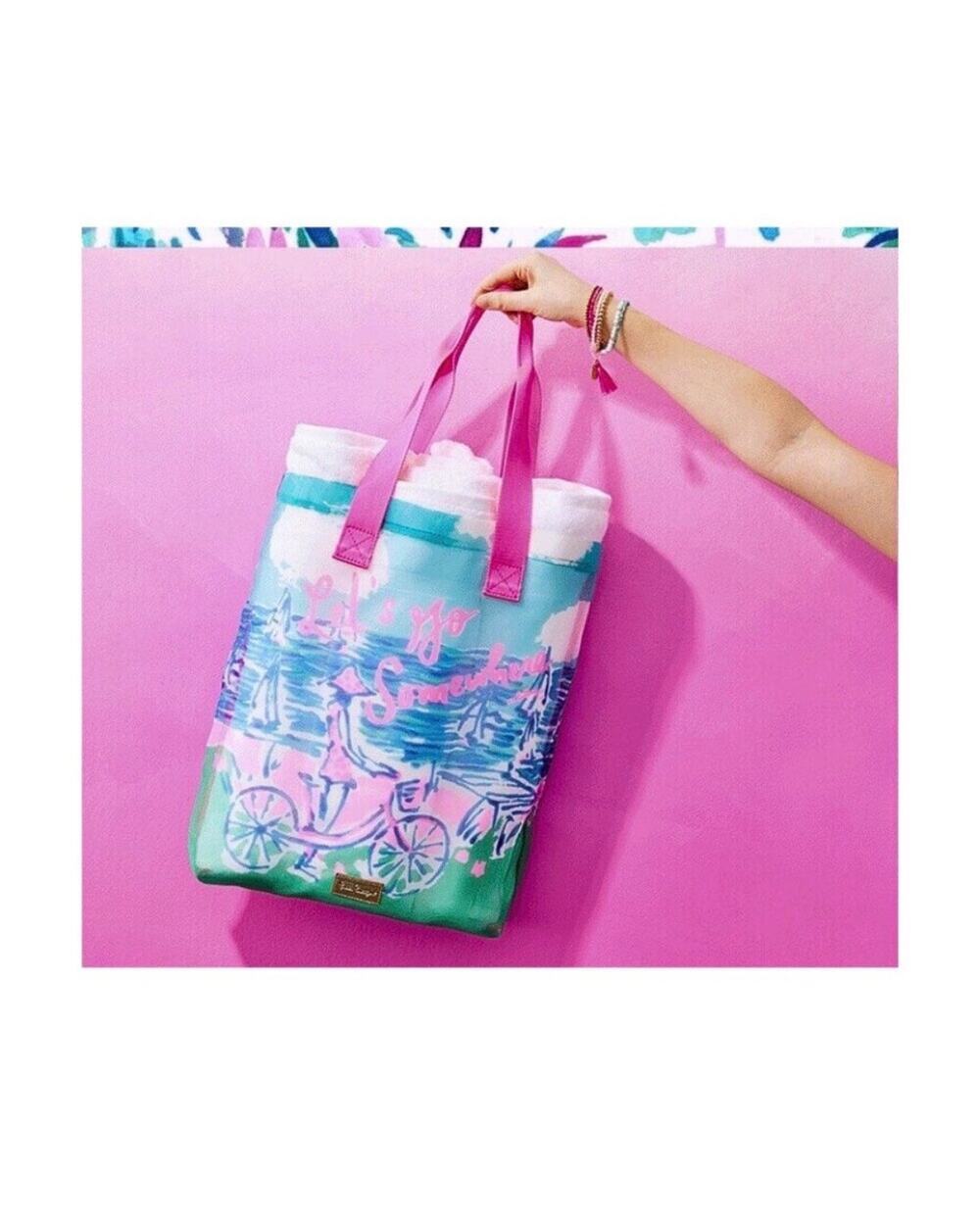 Lilly Pulitzer "Let's Go Somewhere" Mesh Tote Beach Bag Bicycle Print Pink Blue